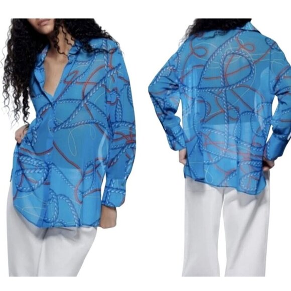 Zara Sheer Nautical Button Down Top M Blouse Oversized Preppy Beach Chain Rope - Picture 1 of 11